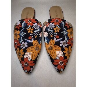 TILOCOW Pointed Toe Mule Slides Size 9 Floral Print Black Orange Slip On Shoes